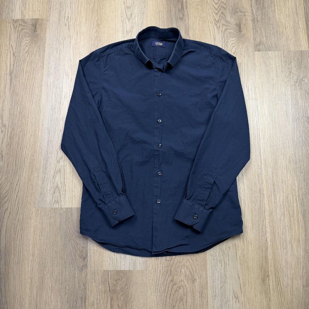 Cavalli Class Shirt Mens 16 Navy Blue Stretch Long Sleeve Button Up Dress Shirt